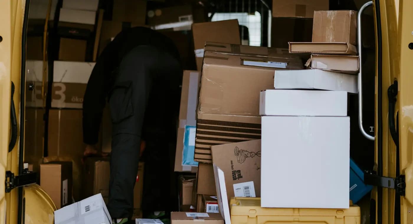 Boxed orders stacked in the back of a delivery van